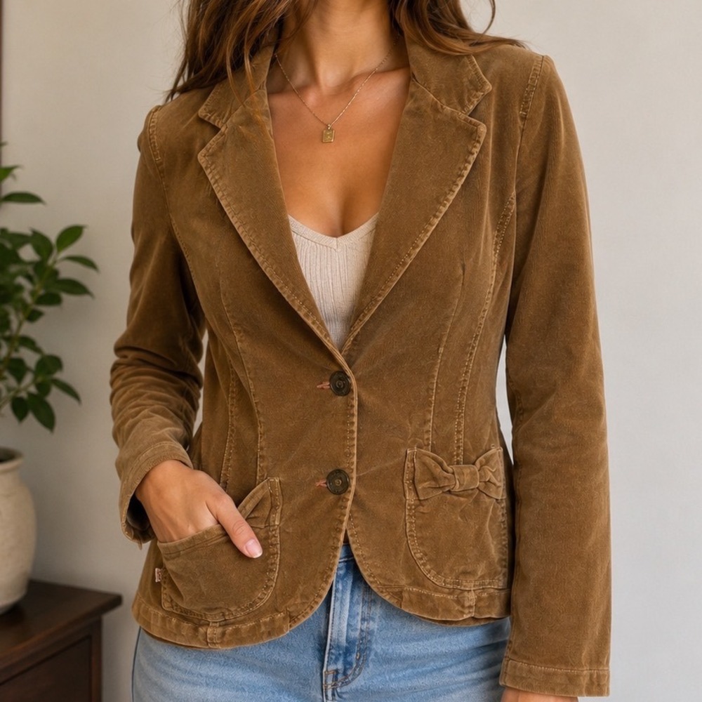 Plugg Jeans Corduroy Blazer Jacket M Brown Bow Pocket Y2K Coquette Academia